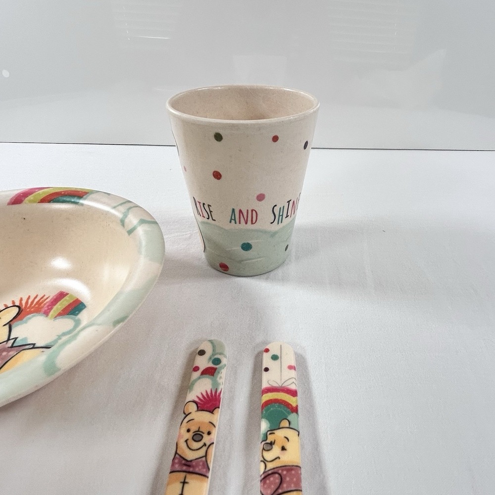 Disney Winnie the Pooh Toddler Dinnerware Bowl Cup Fork Spoon Rise And Shine - Picture 3 of 9